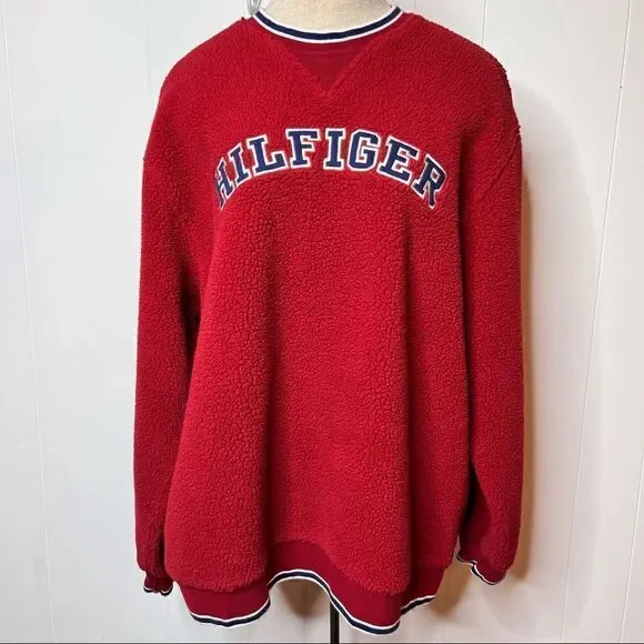 Vintage 90s Y2K Tommy Jeans Hilfiger Deep Pile Sherpa Fleece Pullover Crewneck M